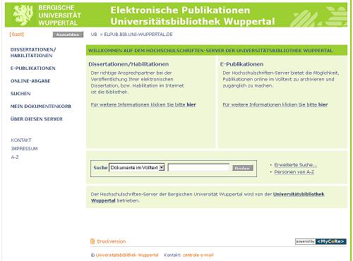 Hochschulschriftenserver der Universitätsbibliothek Wuppertal Screenshot